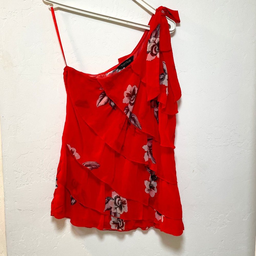 WHBM Elegant, single shoulder blouse. Red with black and white orchid print